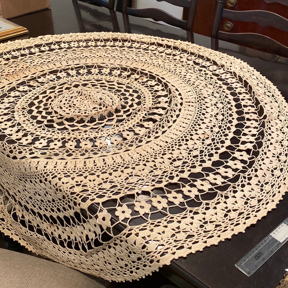 Beautiful vintage cream lace round table cloth